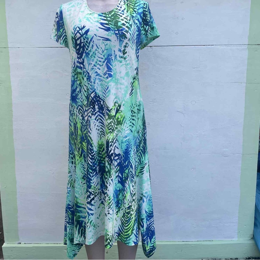 Chico's Blue and Green Leaf Print Dress